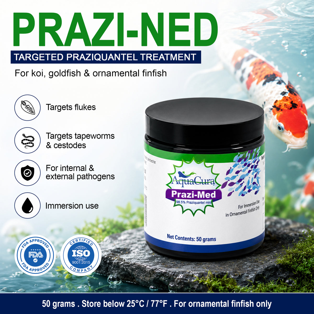 Prazi-Med Praziquantel 50g – Dosing & Aquarium Treatment Infographic