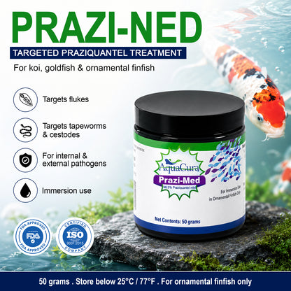 Prazi-Med Praziquantel 50g – Dosing & Aquarium Treatment Infographic